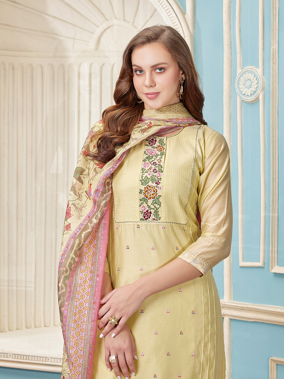 Light Lemon Chanderi Suit Set