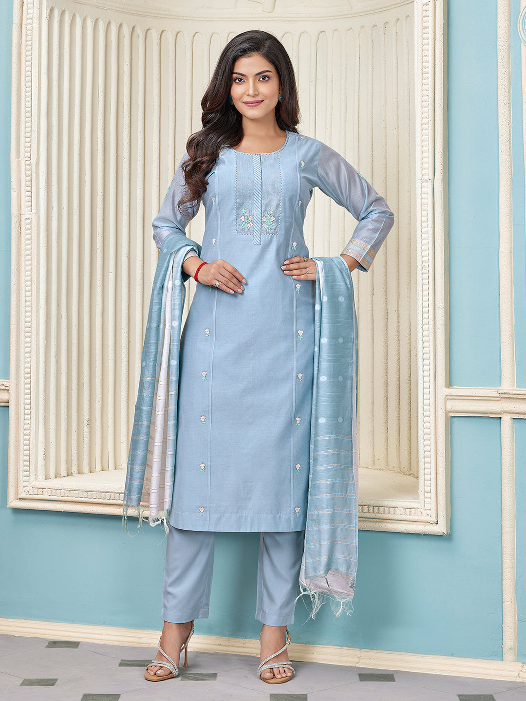Deep Aqua Chanderi Suit Set