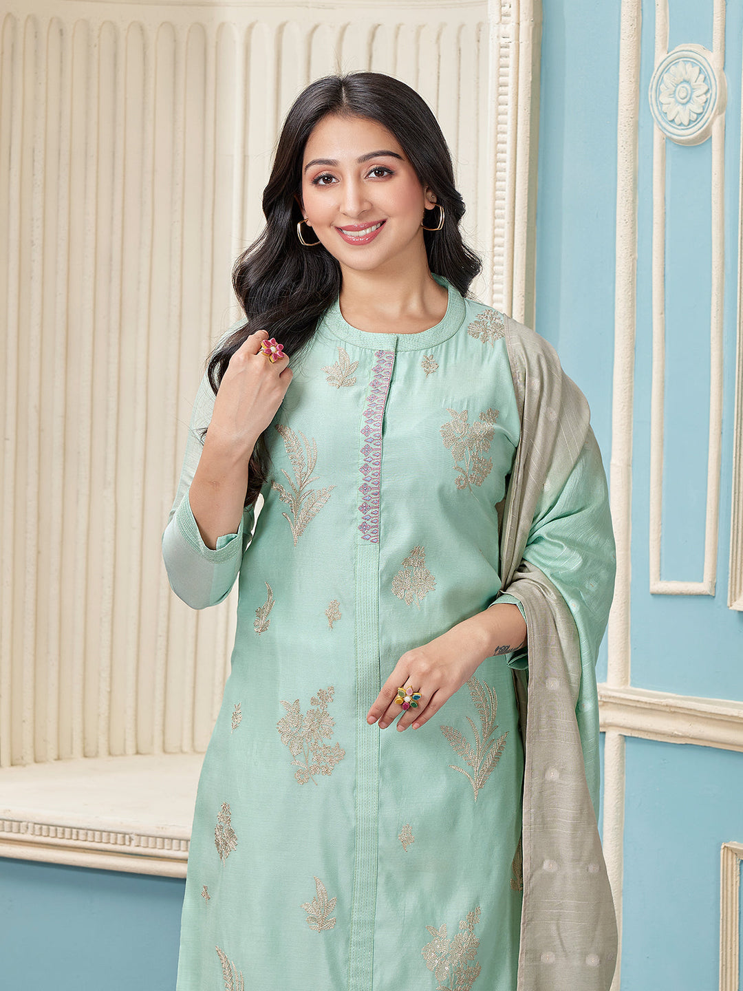 Aqua Blue Chanderi Suit Set