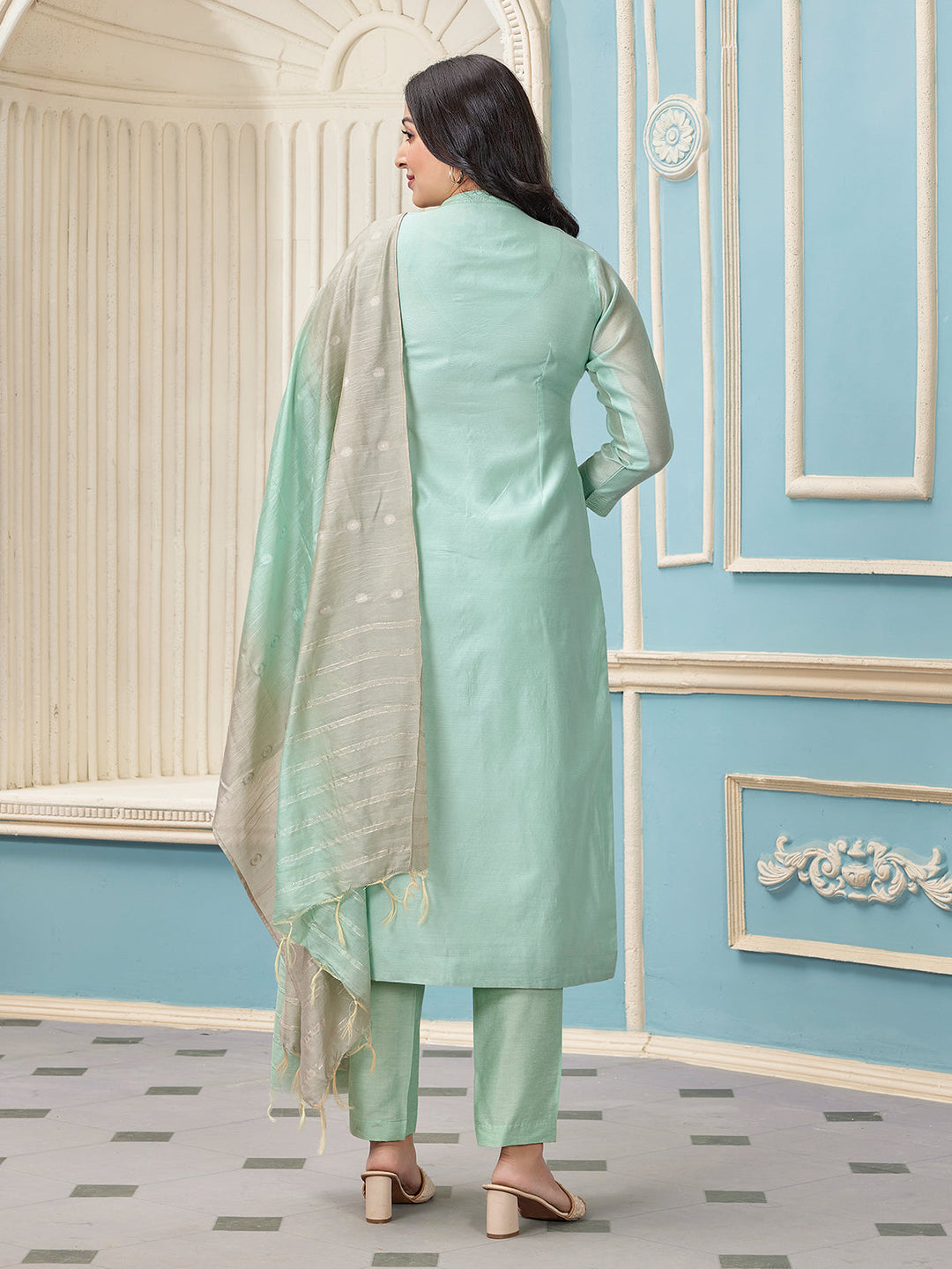 Aqua Blue Chanderi Suit Set