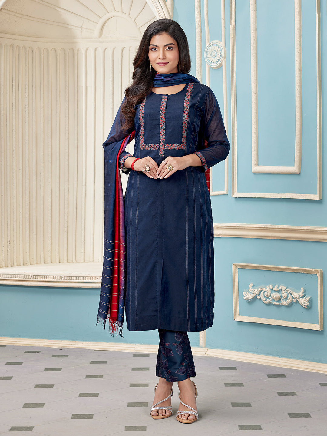 Navy Blue Chanderi Suit Set