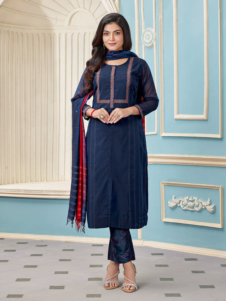 Navy Blue Chanderi Suit Set
