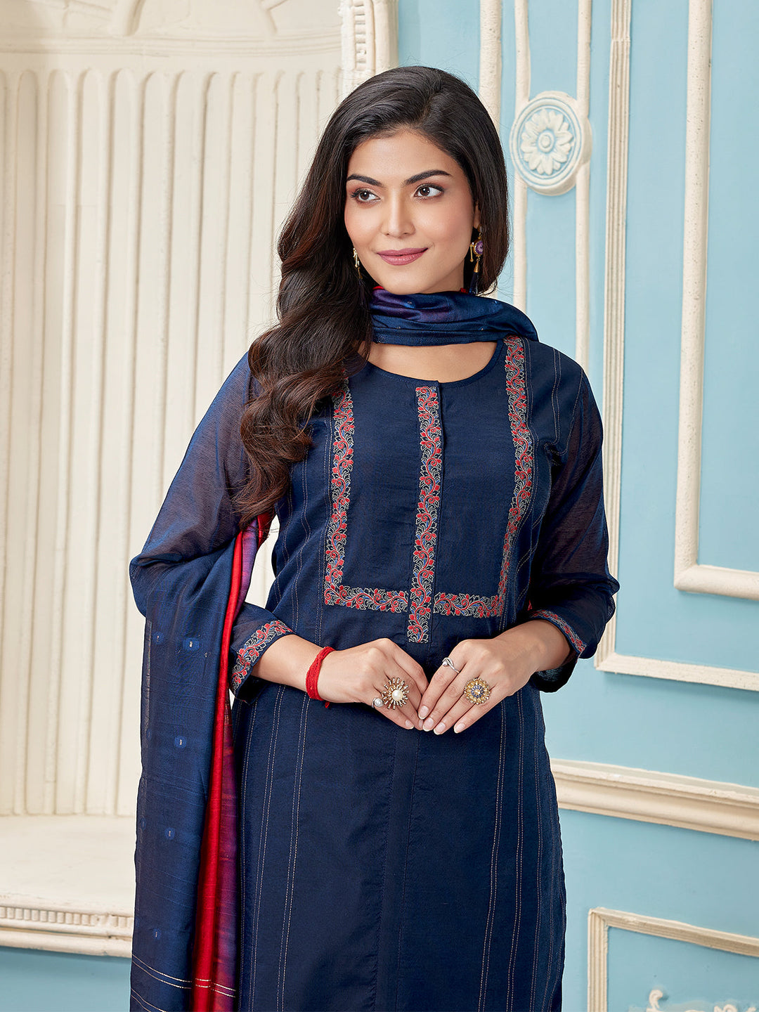 Navy Blue Chanderi Suit Set