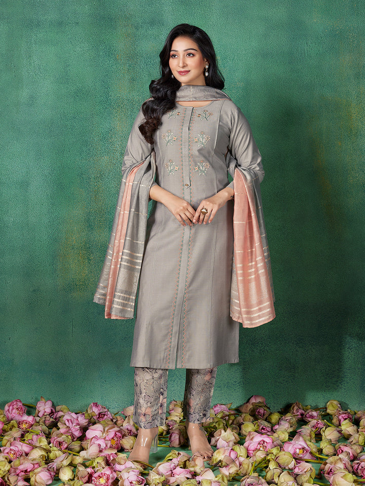 Grey Embroidered Suit Set