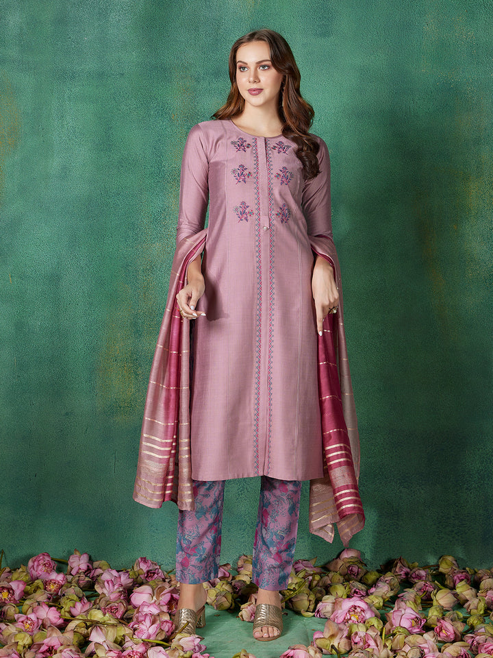 Mauve Pink Embroidered Suit Set