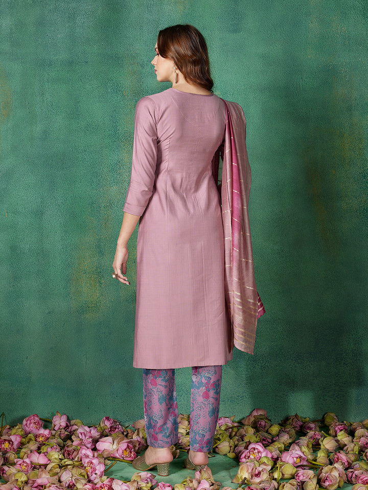 Mauve Pink Embroidered Suit Set