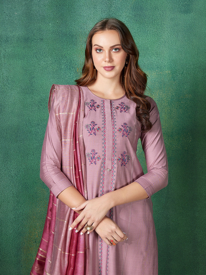 Mauve Pink Embroidered Suit Set