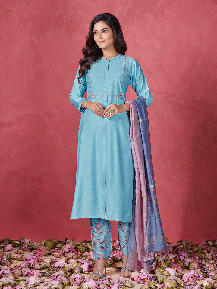 Sky Blue Embroidered Suit Set