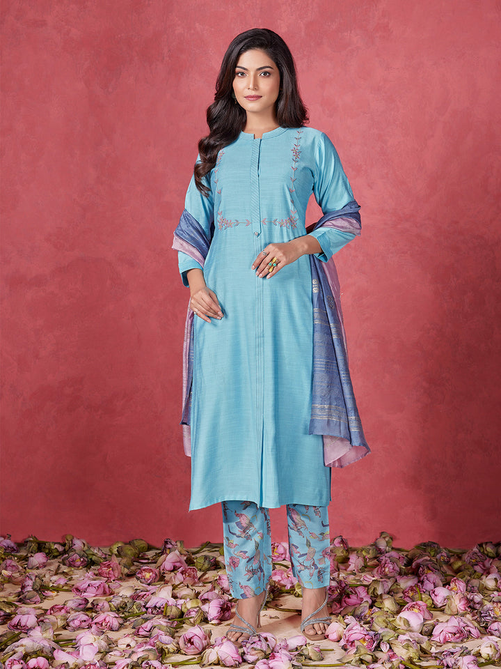 Sky Blue Embroidered Suit Set