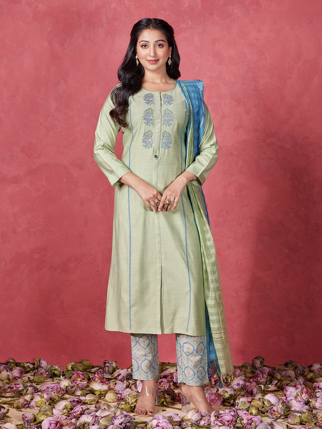 Green Embroidered Suit Set