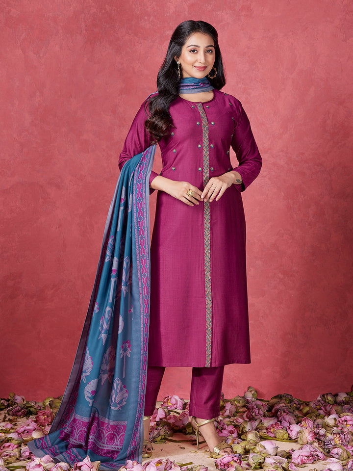 Magenta Embroidered Suit Set