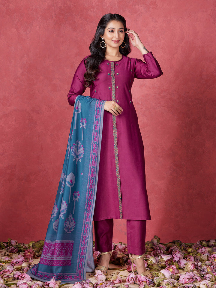 Magenta Embroidered Suit Set