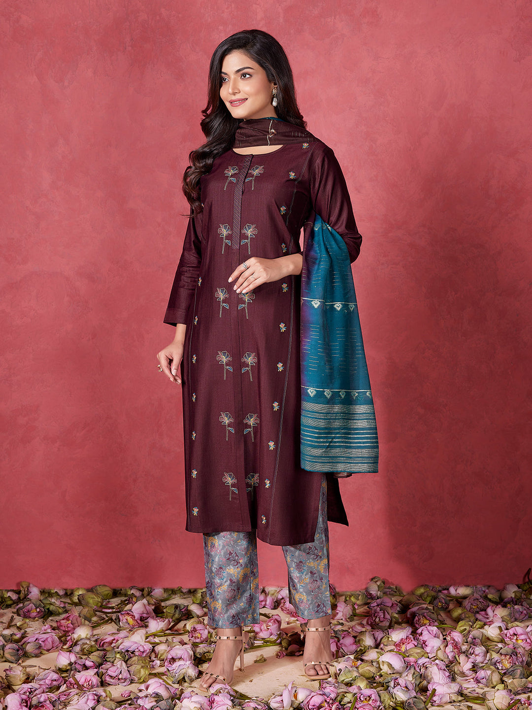 Maroon Embroidered Suit Set