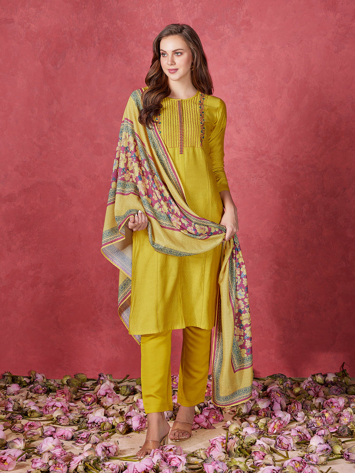 Yellow Viscose Foil Solid Suit Set