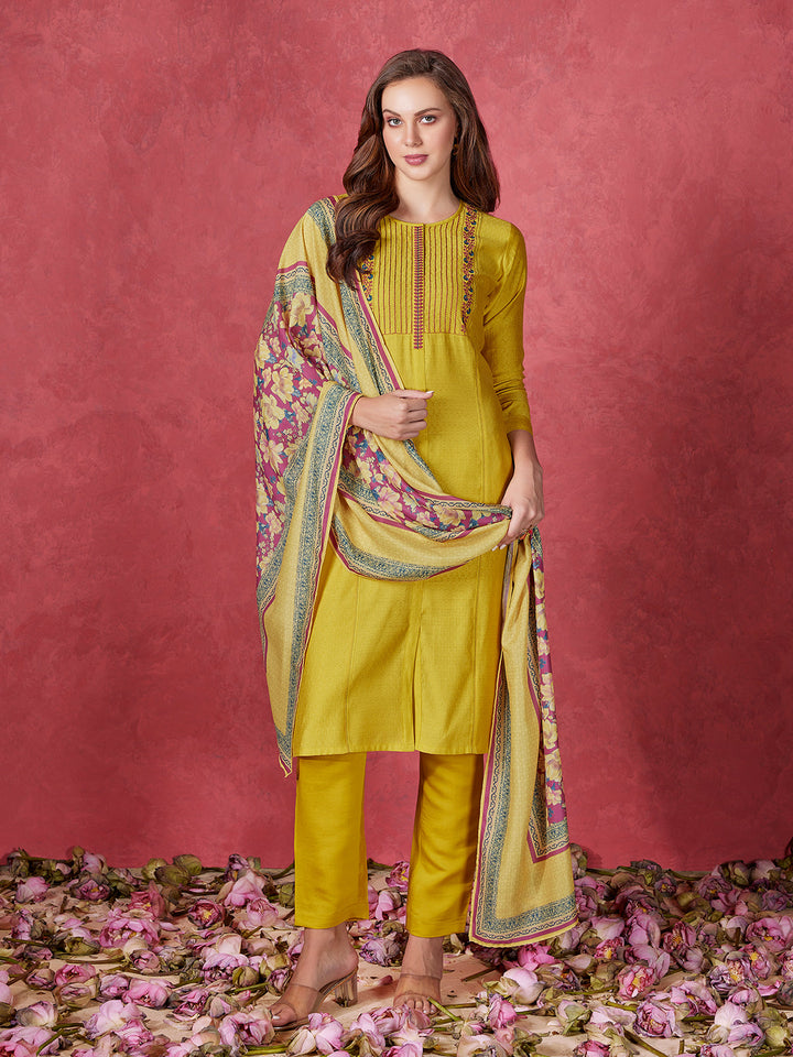 Yellow Viscose Foil Solid Suit Set