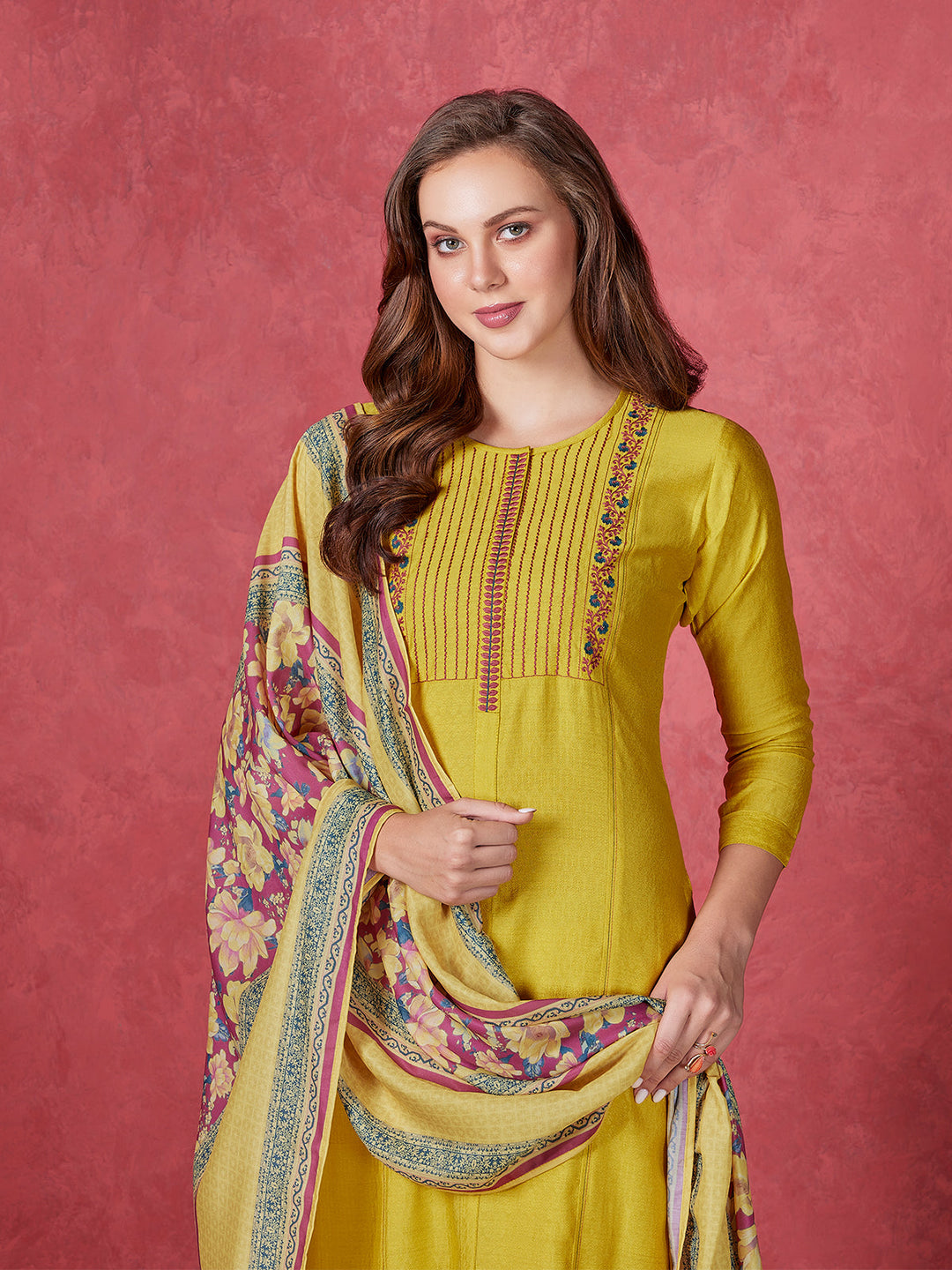 Yellow Viscose Foil Solid Suit Set