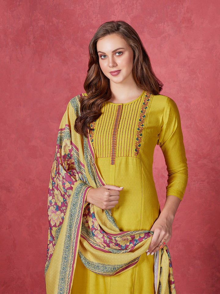 Yellow Viscose Foil Solid Suit Set