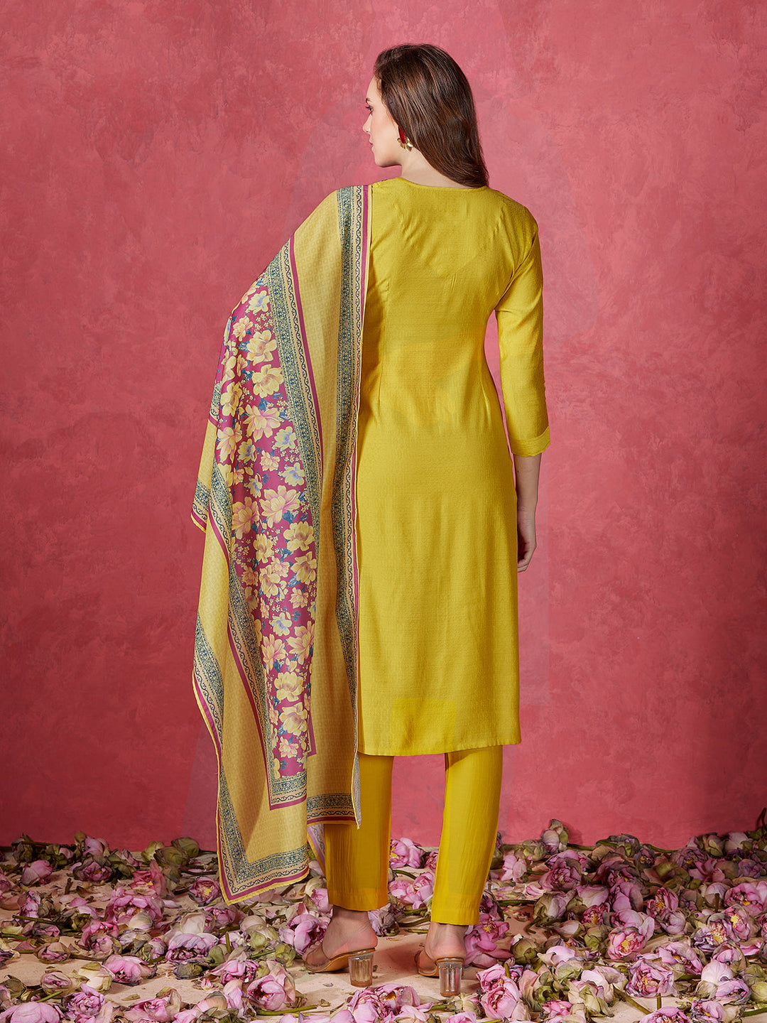 Yellow Viscose Foil Solid Suit Set