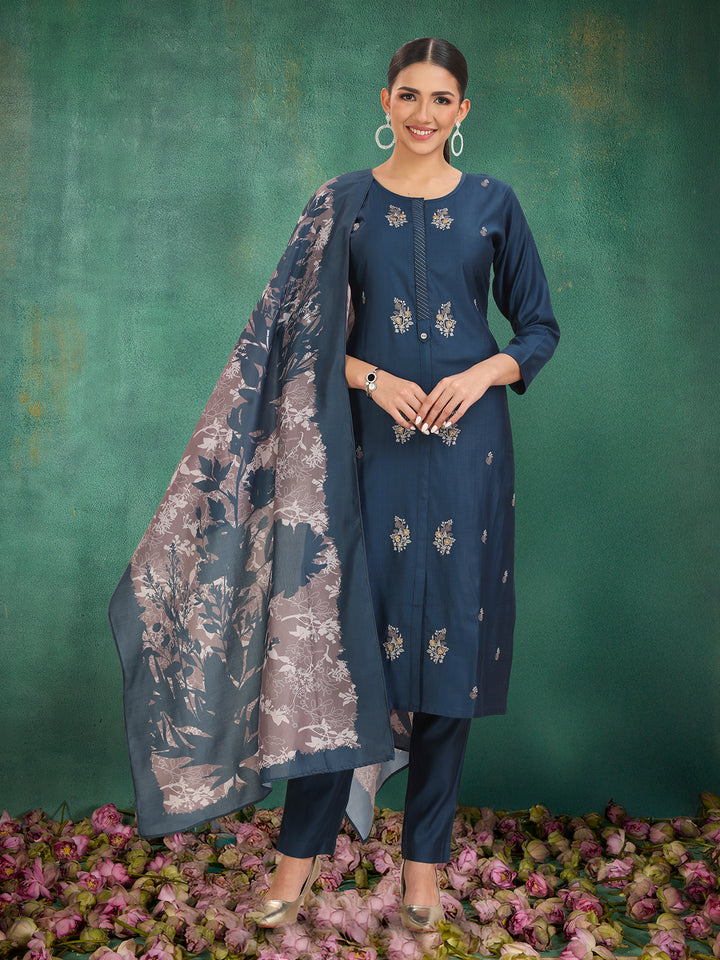 Blue Embroidered Suit Set