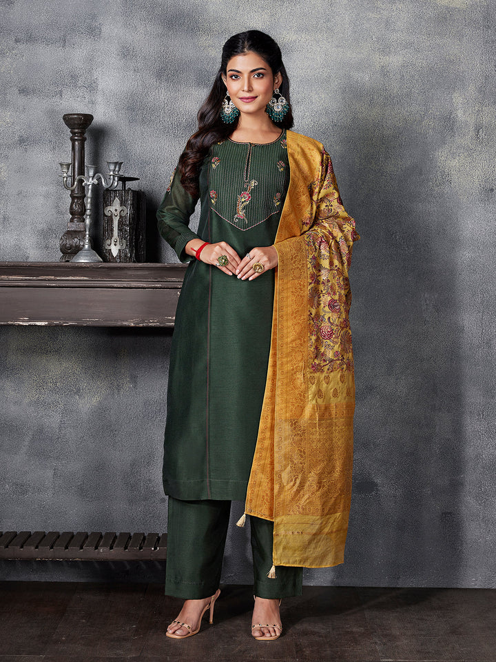 Bottle Green Semi Silk Suit Set