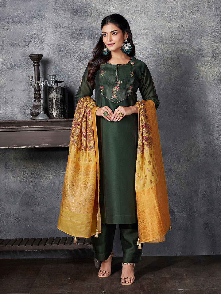 Bottle Green Semi Silk Suit Set