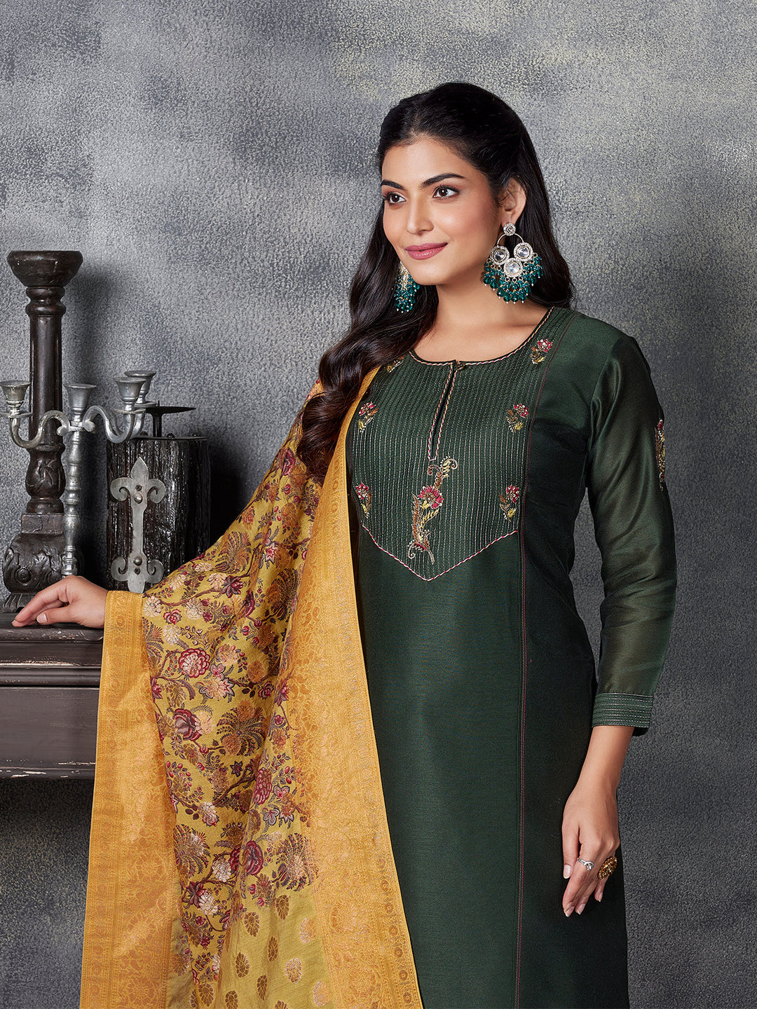 Bottle Green Semi Silk Suit Set