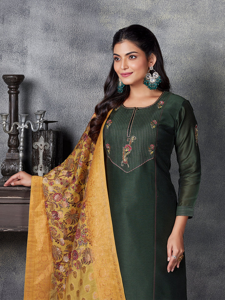 Bottle Green Semi Silk Suit Set