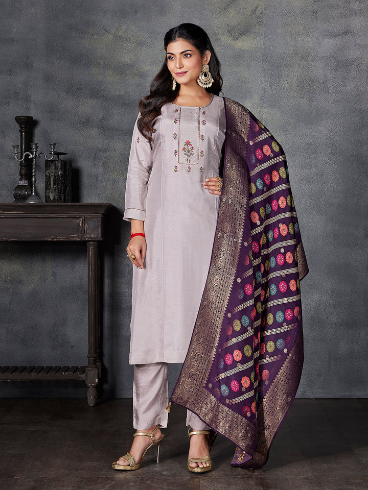 Beige Semi Silk Suit Set