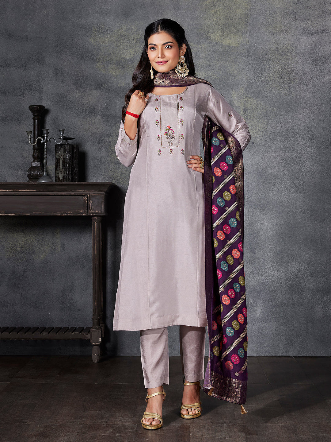 Beige Semi Silk Suit Set
