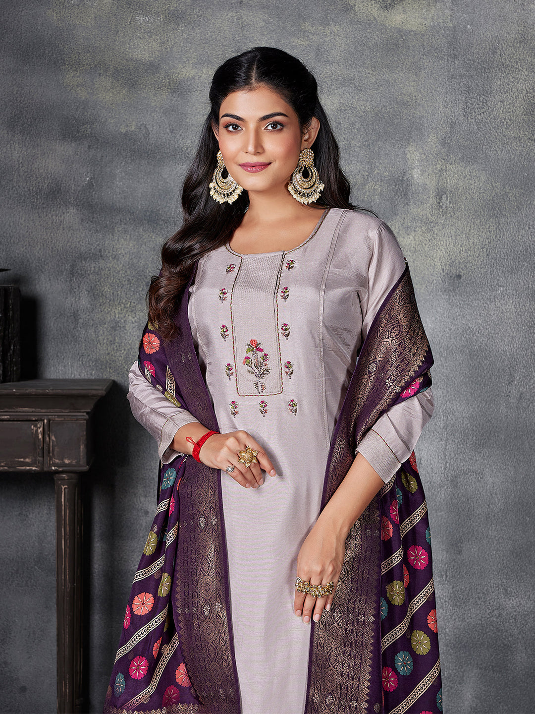 Beige Semi Silk Suit Set