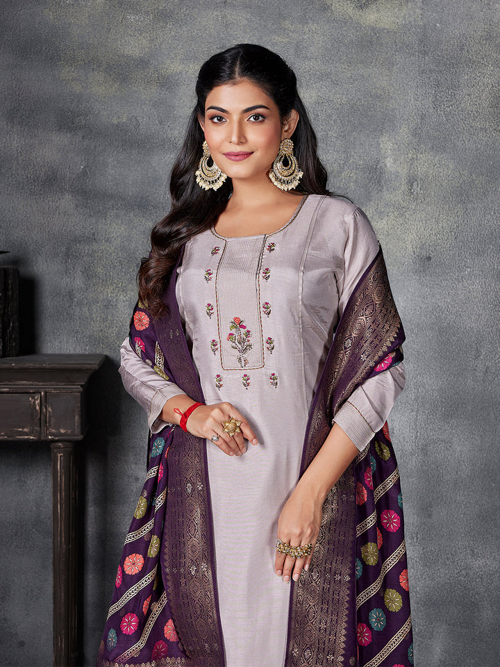 Beige Semi Silk Suit Set