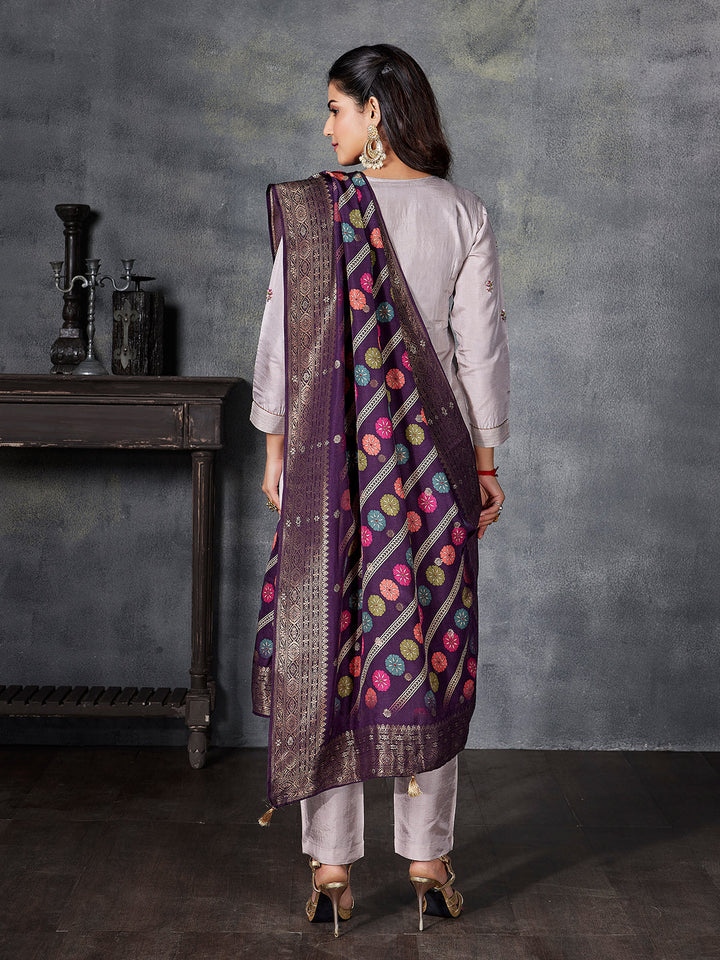 Beige Semi Silk Suit Set