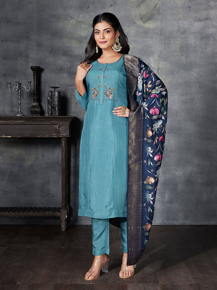 Teal Semi Silk Suit Set