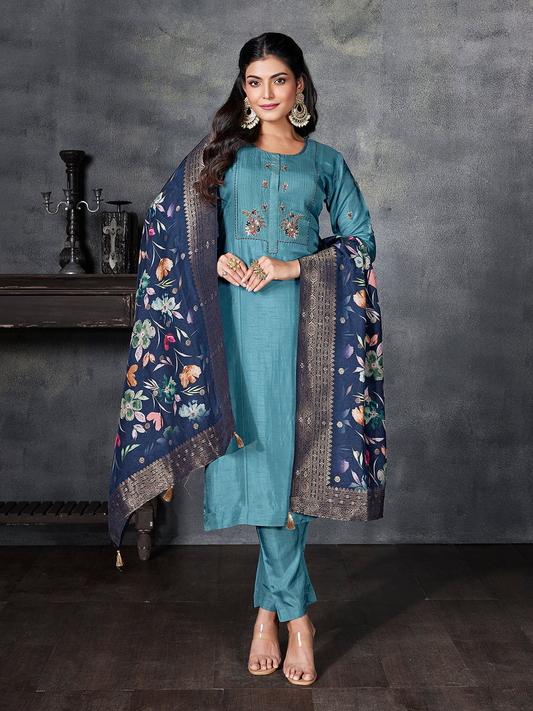 Teal Semi Silk Suit Set