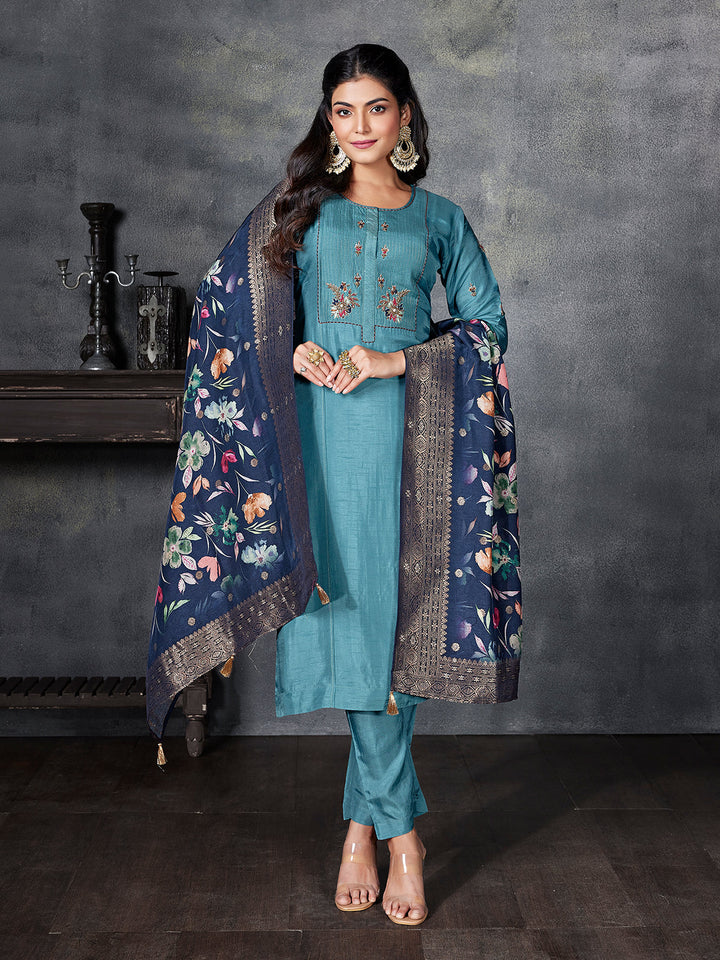 Teal Semi Silk Suit Set