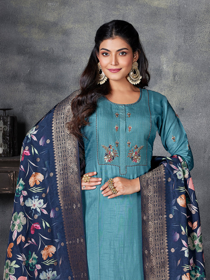 Teal Semi Silk Suit Set