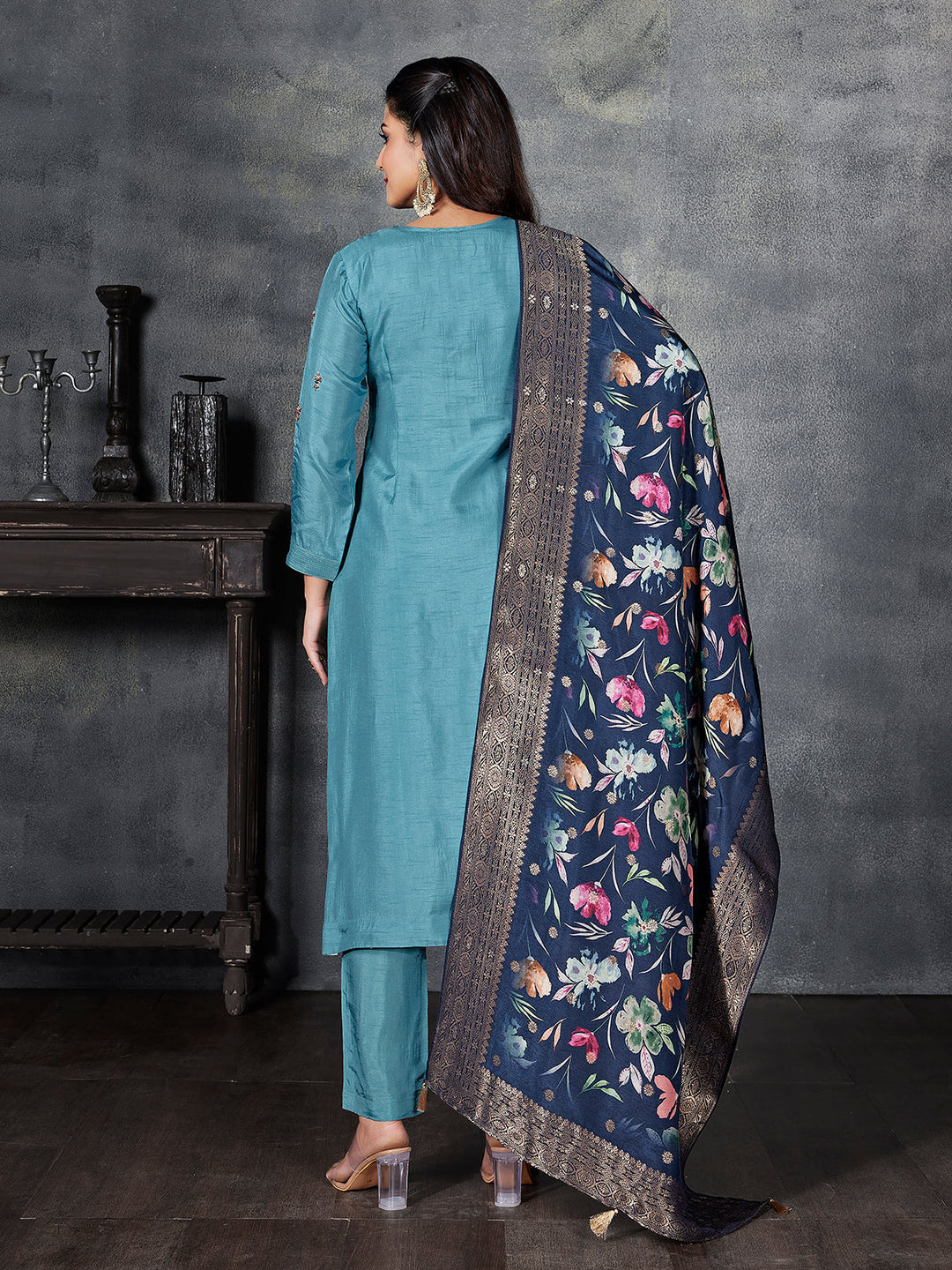 Teal Semi Silk Suit Set