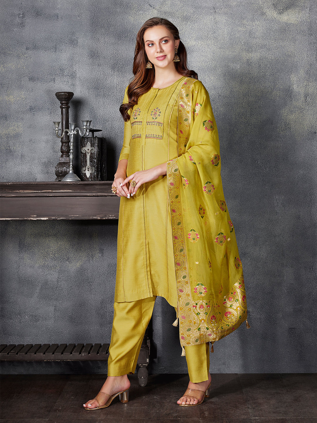 Dark Yellow Semi-Silk Suit Set
