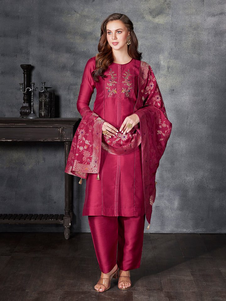 Hibiscus Pink Semi Silk Suit Set