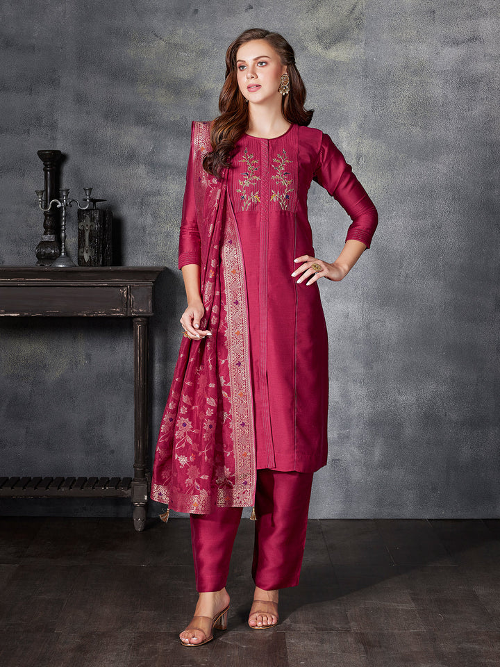 Hibiscus Pink Semi Silk Suit Set