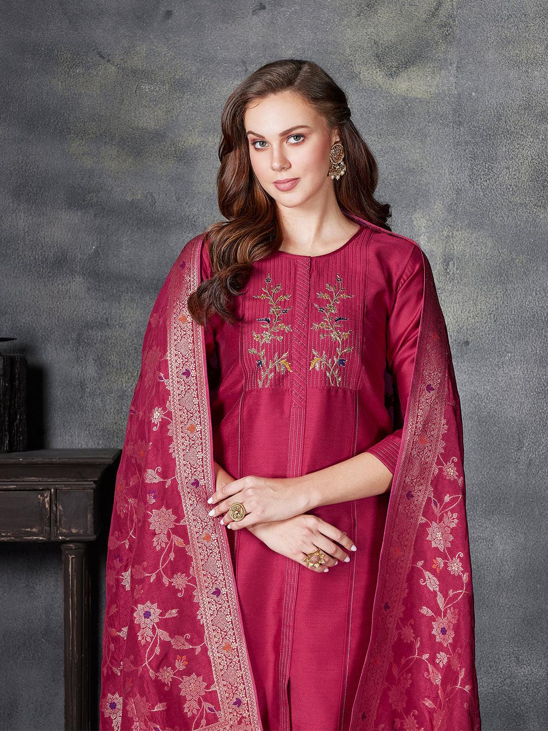 Hibiscus Pink Semi Silk Suit Set