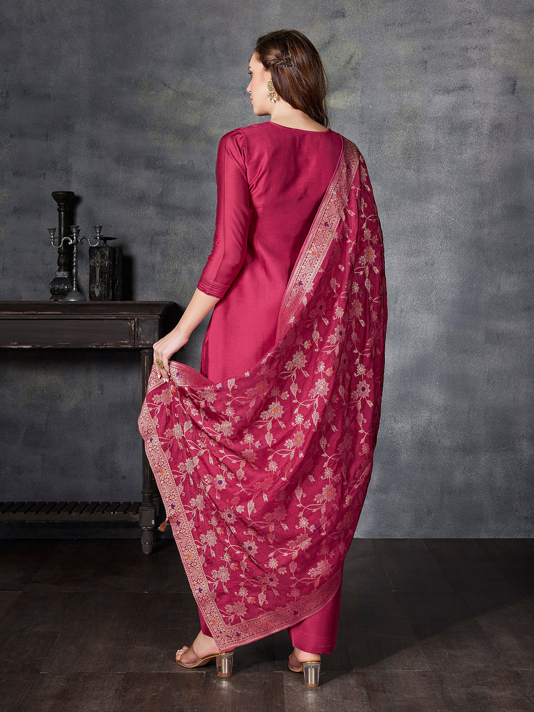 Hibiscus Pink Semi Silk Suit Set