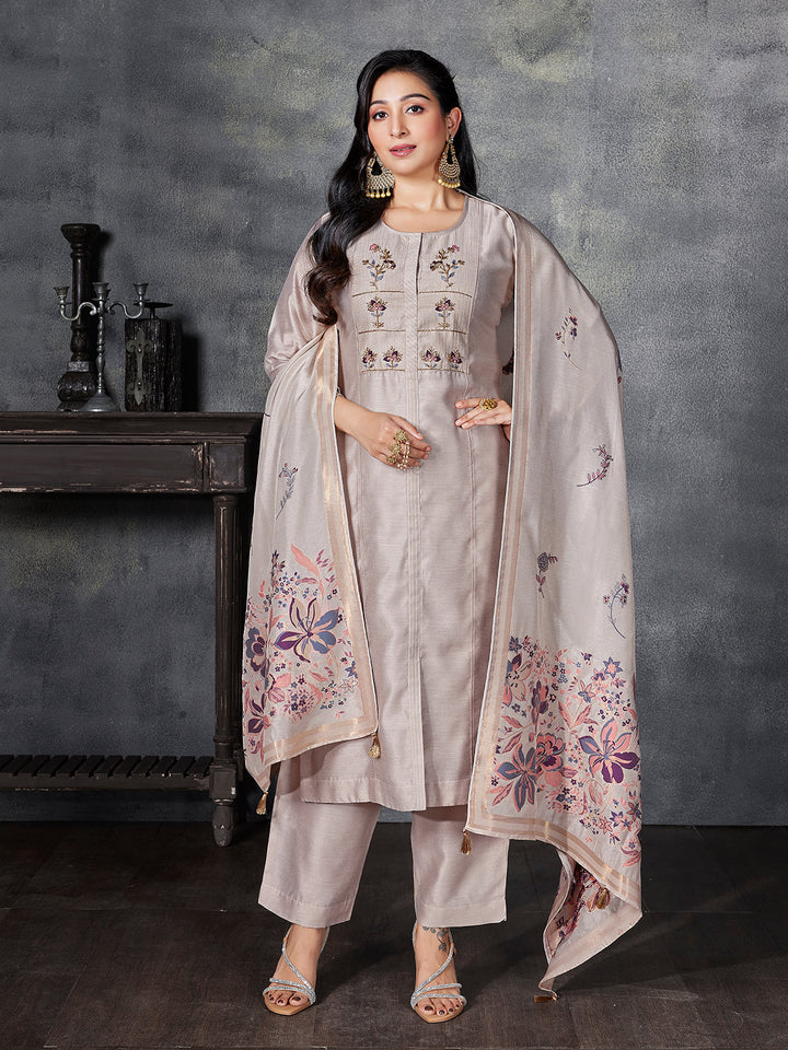 Beige Semi Silk Suit Set