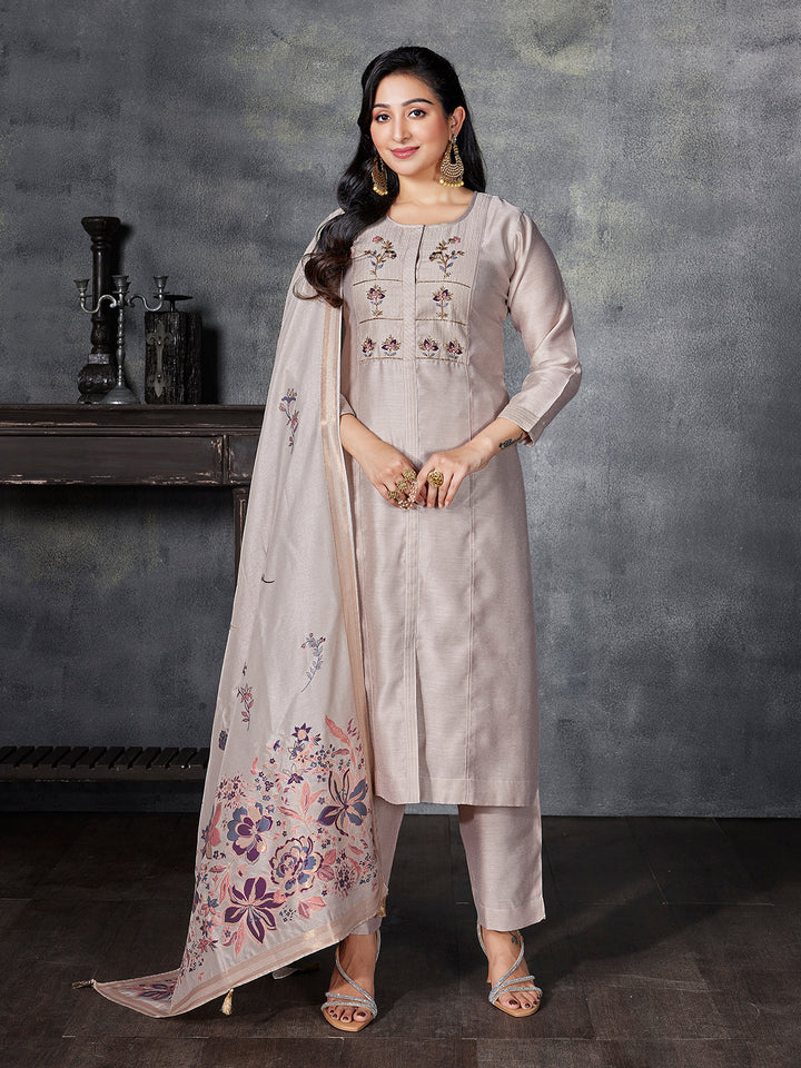Beige Semi Silk Suit Set