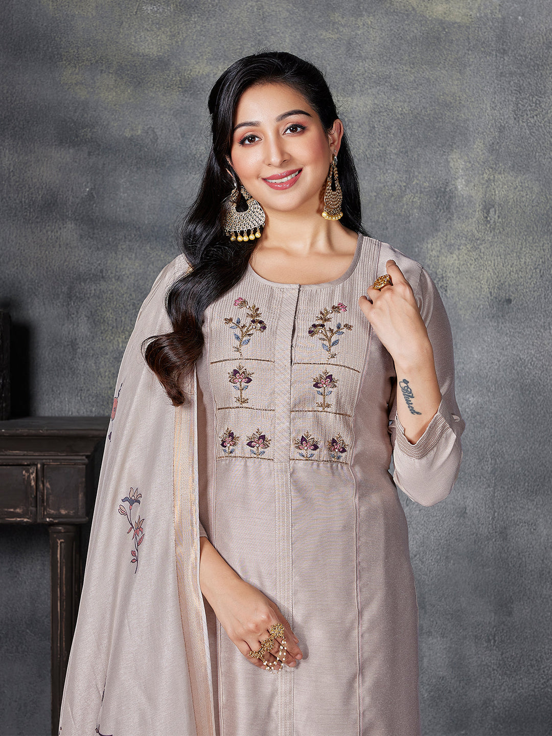 Beige Semi Silk Suit Set
