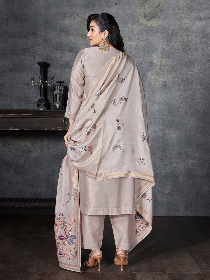 Beige Semi Silk Suit Set