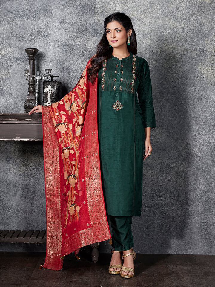 Forest Green Semi Silk Suit Set