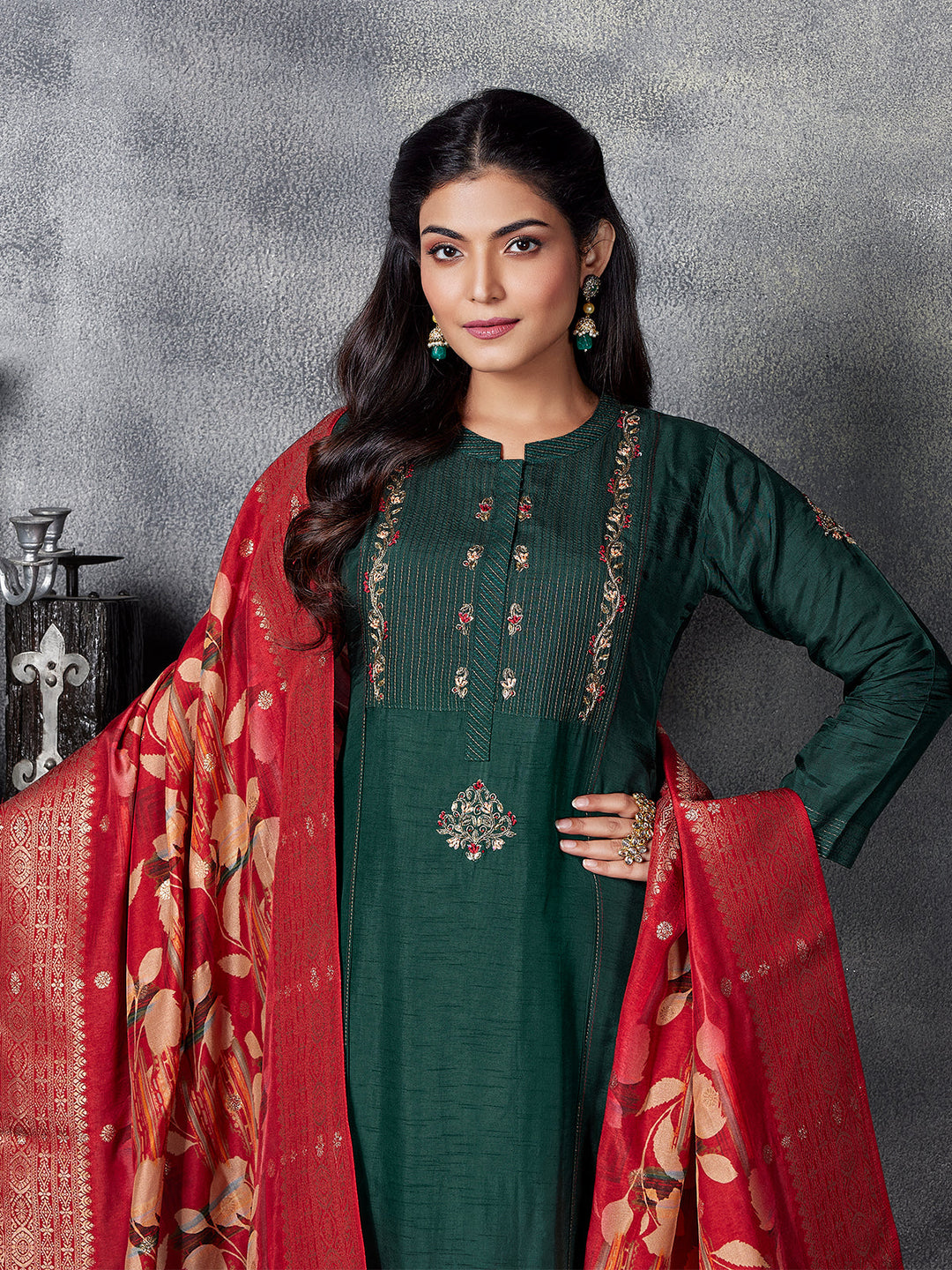 Forest Green Semi Silk Suit Set