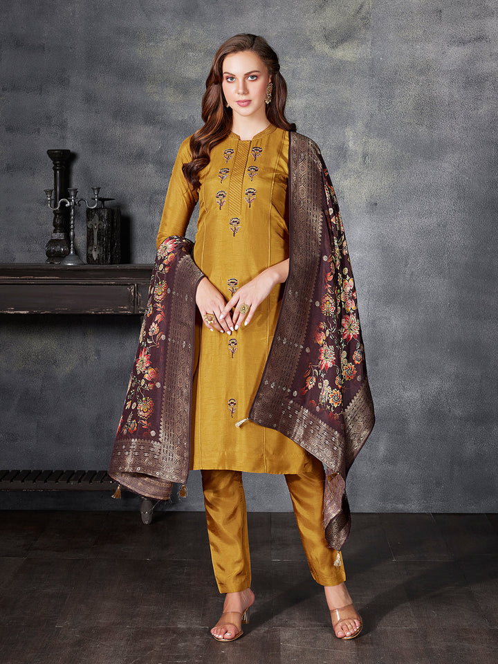 Mustard Yellow Semi Silk Suit Set