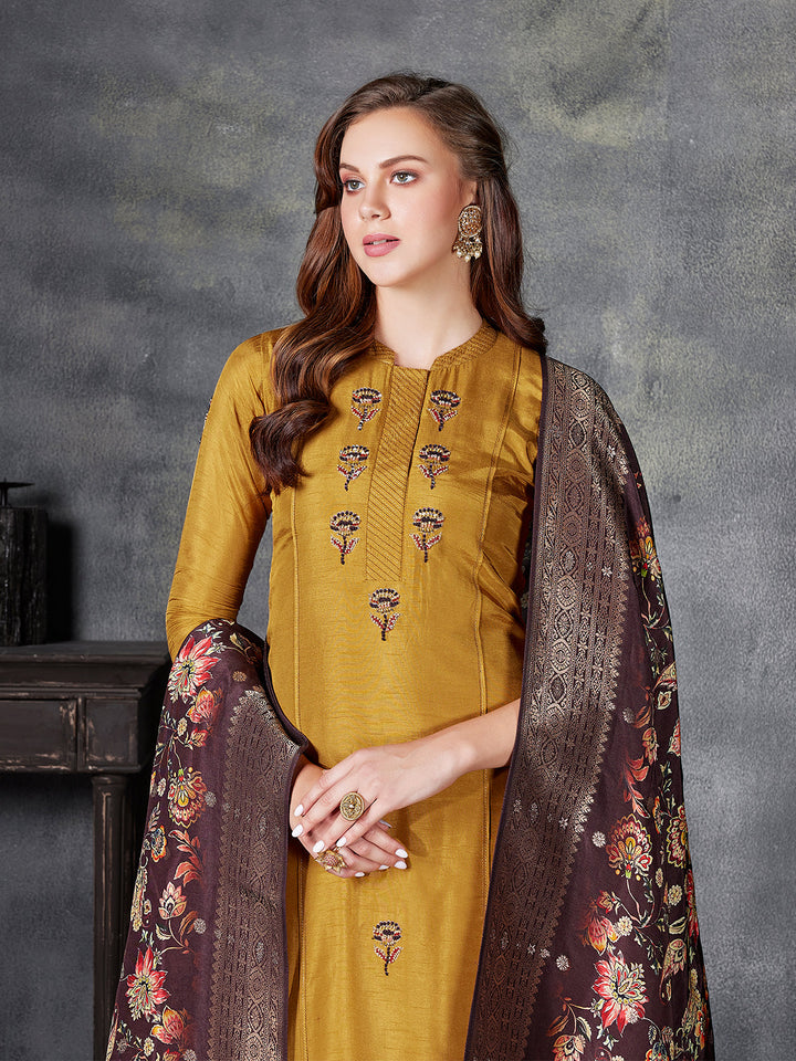 Mustard Yellow Semi Silk Suit Set